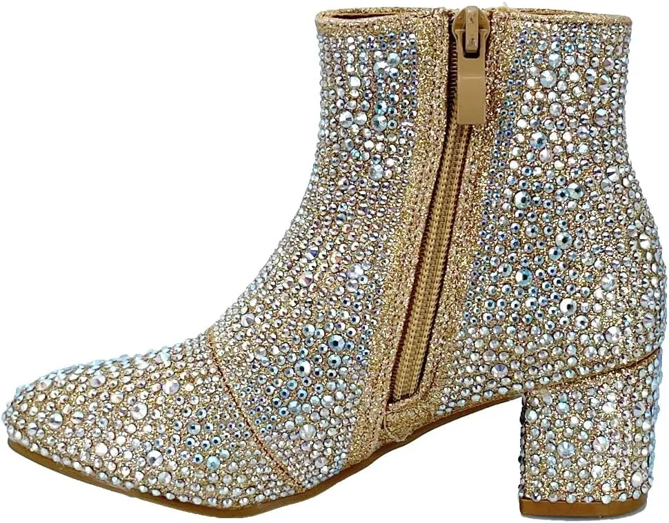 ABSOLEX Girle's Rhinestone Round Toe Block Chunky Low Heel Ankle Booties