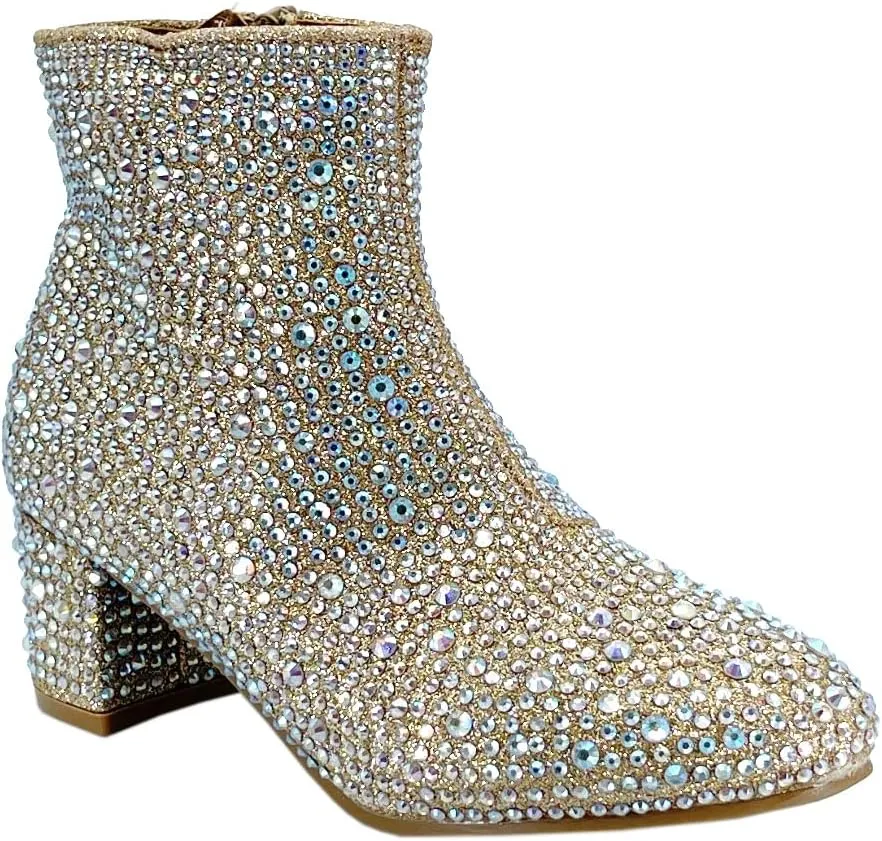 ABSOLEX Girle's Rhinestone Round Toe Block Chunky Low Heel Ankle Booties