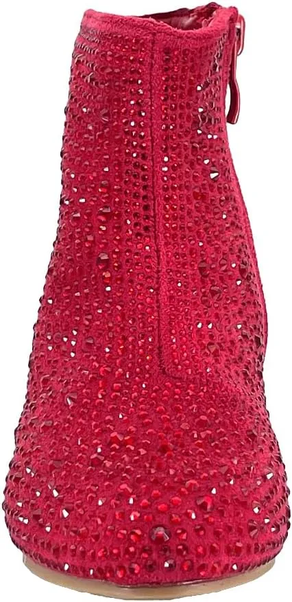 ABSOLEX Girle's Rhinestone Round Toe Block Chunky Low Heel Ankle Booties