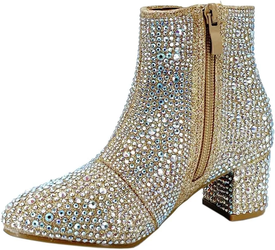 ABSOLEX Girle's Rhinestone Round Toe Block Chunky Low Heel Ankle Booties
