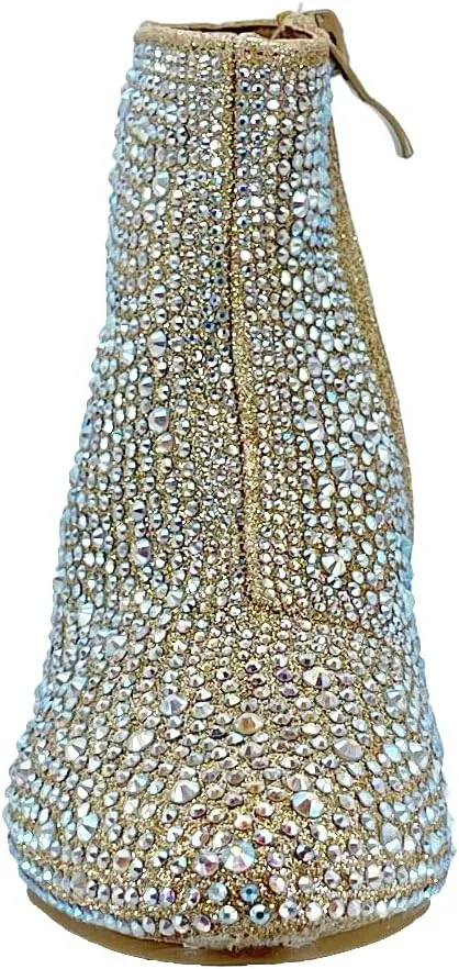 ABSOLEX Girle's Rhinestone Round Toe Block Chunky Low Heel Ankle Booties