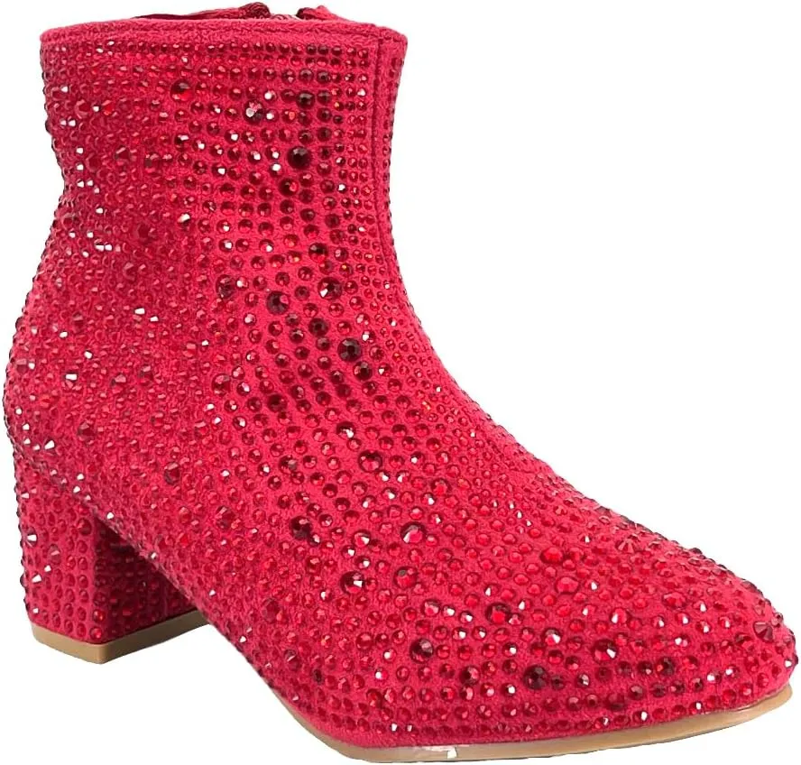 ABSOLEX Girle's Rhinestone Round Toe Block Chunky Low Heel Ankle Booties