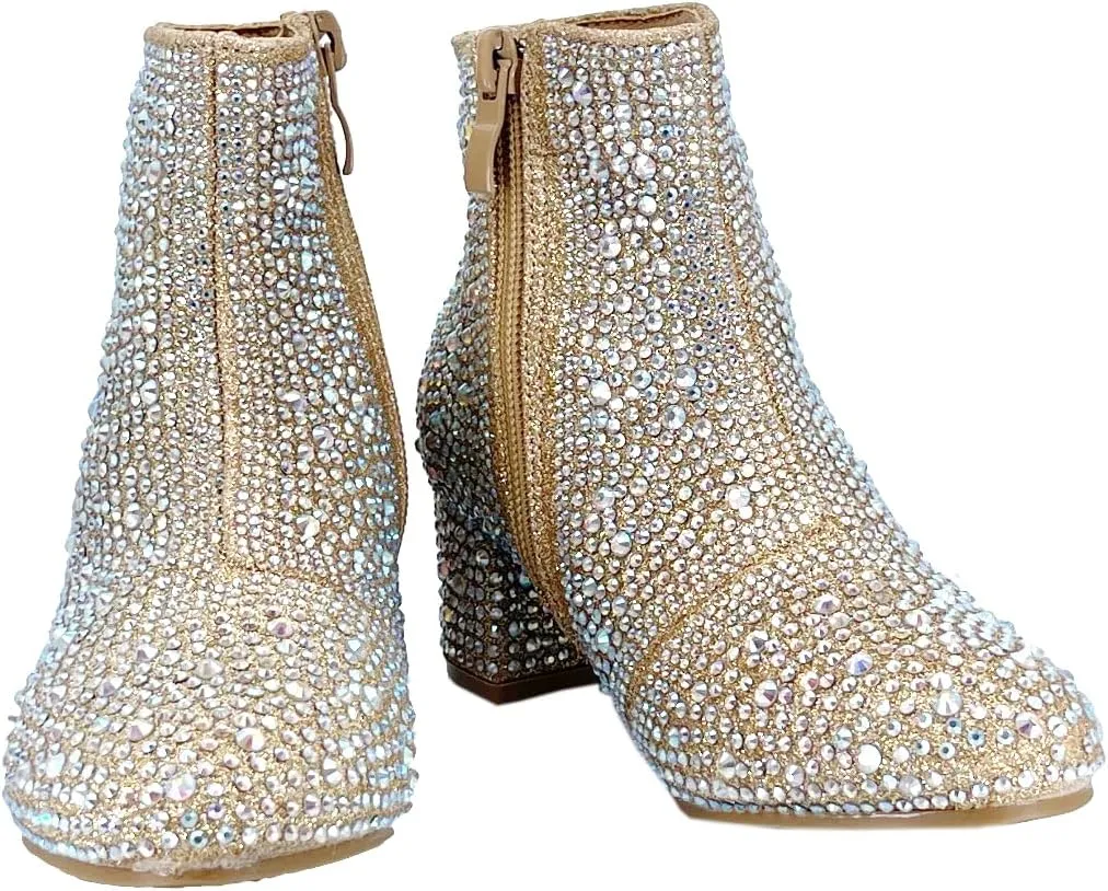 ABSOLEX Girle's Rhinestone Round Toe Block Chunky Low Heel Ankle Booties