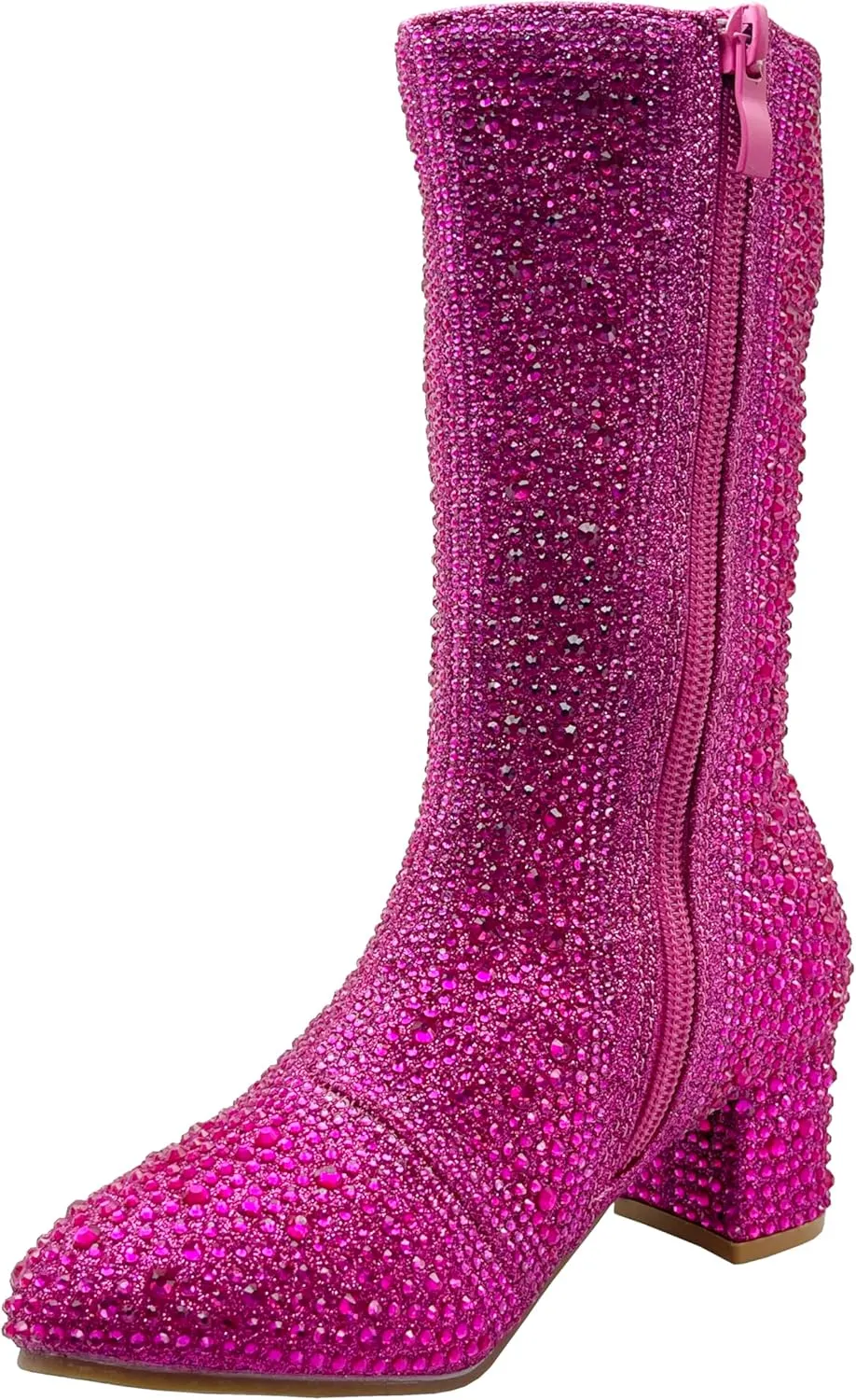 ABSOLEX Girl's Rhinestone Round Toe Knee High Chunky Low Heel Boot