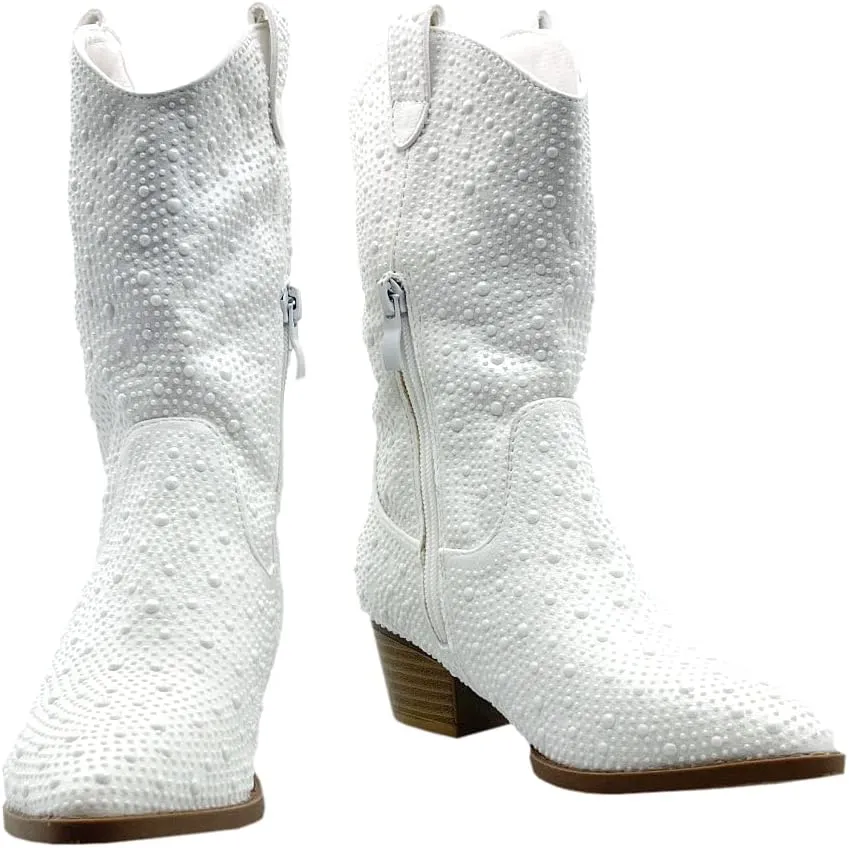 ABSOLEX Girls' Western Cowgirl Cowboy Pointed Toe Rhinestone Low Heel Boots