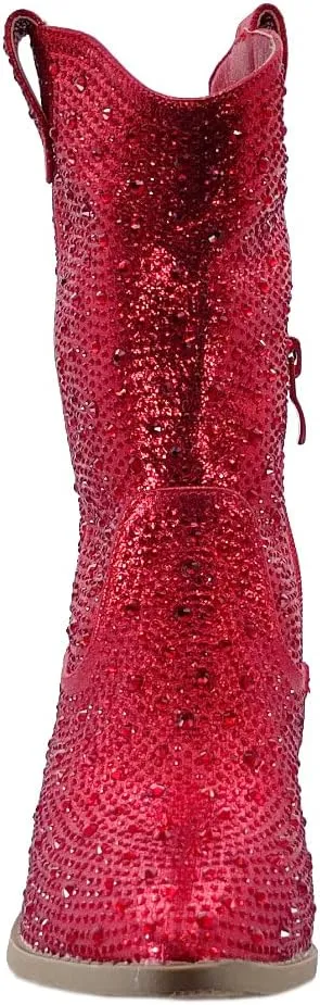 ABSOLEX Girls' Western Cowgirl Cowboy Pointed Toe Rhinestone Low Heel Boots