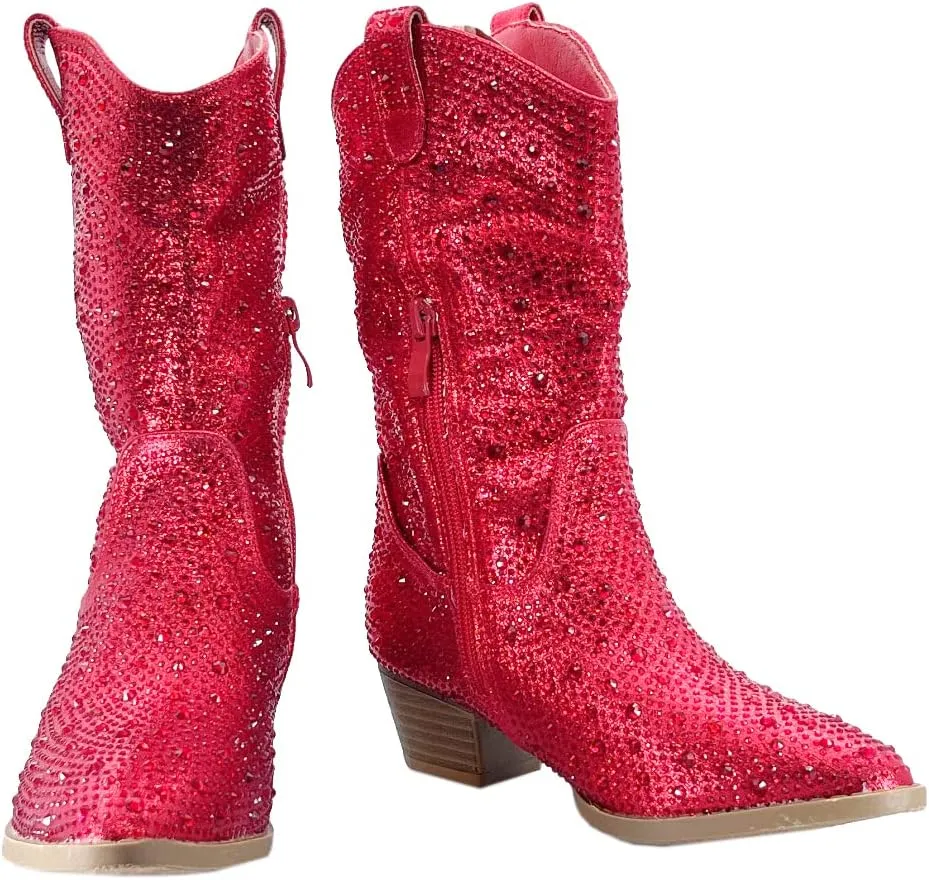 ABSOLEX Girls' Western Cowgirl Cowboy Pointed Toe Rhinestone Low Heel Boots