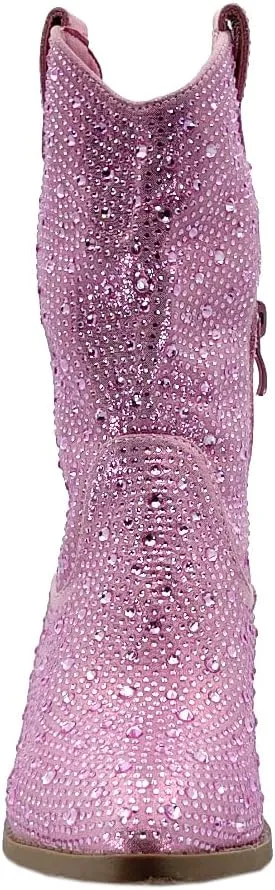 ABSOLEX Girls' Western Cowgirl Cowboy Pointed Toe Rhinestone Low Heel Boots