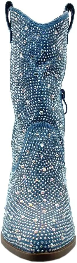ABSOLEX Girls' Western Cowgirl Cowboy Pointed Toe Rhinestone Low Heel Boots