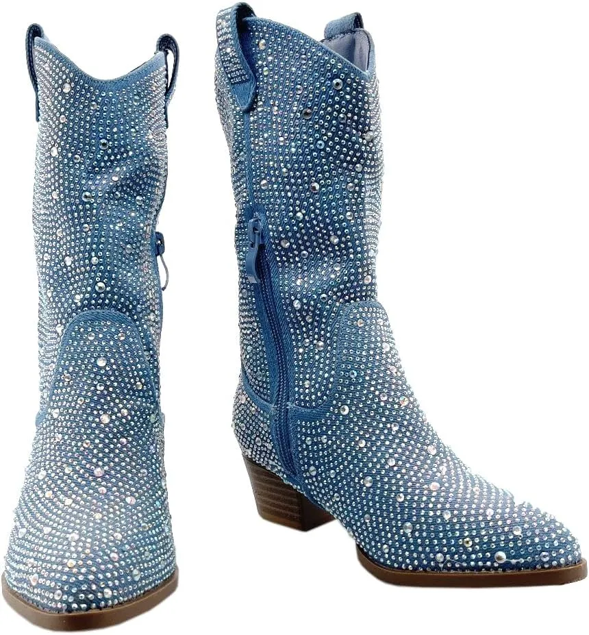 ABSOLEX Girls' Western Cowgirl Cowboy Pointed Toe Rhinestone Low Heel Boots