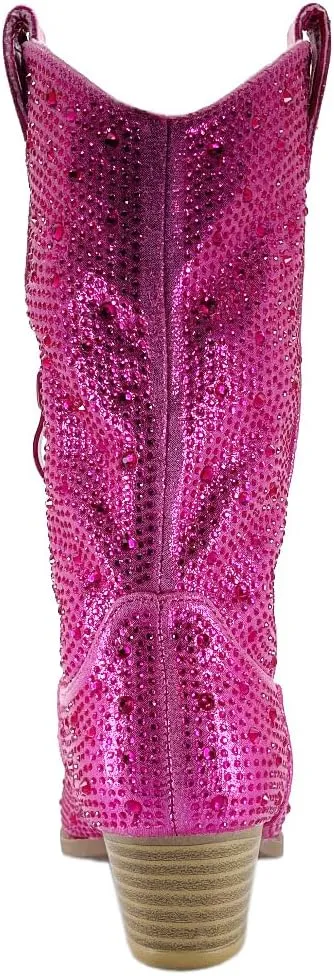ABSOLEX Girls' Western Cowgirl Cowboy Pointed Toe Rhinestone Low Heel Boots