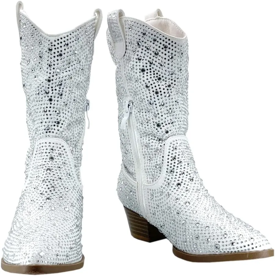 ABSOLEX Girls' Western Cowgirl Cowboy Pointed Toe Rhinestone Low Heel Boots
