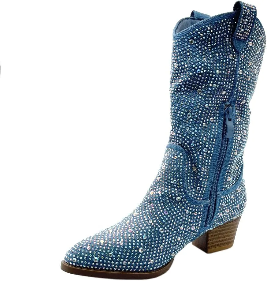 ABSOLEX Girls' Western Cowgirl Cowboy Pointed Toe Rhinestone Low Heel Boots