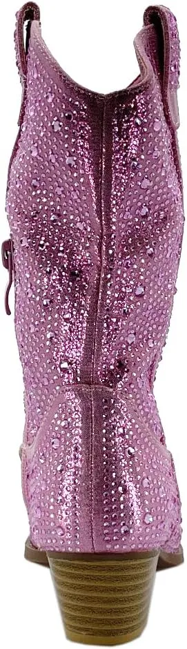 ABSOLEX Girls' Western Cowgirl Cowboy Pointed Toe Rhinestone Low Heel Boots