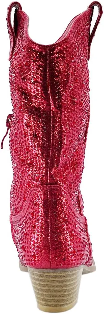 ABSOLEX Girls' Western Cowgirl Cowboy Pointed Toe Rhinestone Low Heel Boots