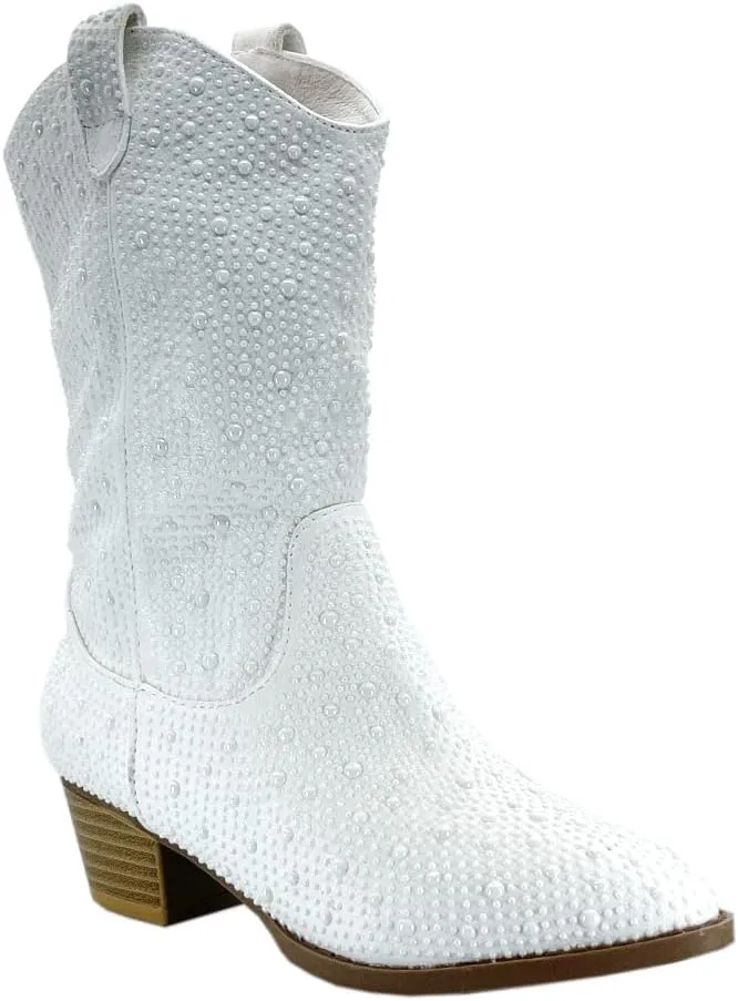 ABSOLEX Girls' Western Cowgirl Cowboy Pointed Toe Rhinestone Low Heel Boots