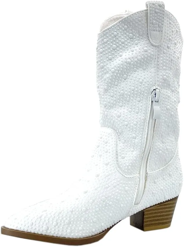 ABSOLEX Girls' Western Cowgirl Cowboy Pointed Toe Rhinestone Low Heel Boots