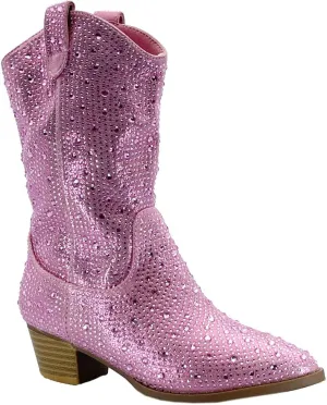 ABSOLEX Girls' Western Cowgirl Cowboy Pointed Toe Rhinestone Low Heel Boots