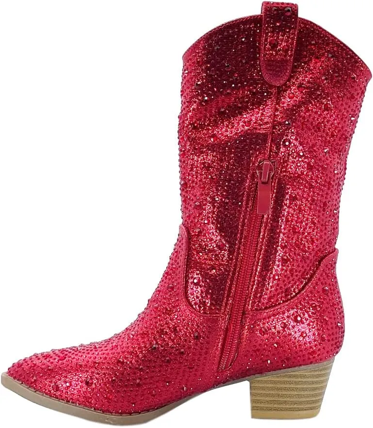 ABSOLEX Girls' Western Cowgirl Cowboy Pointed Toe Rhinestone Low Heel Boots