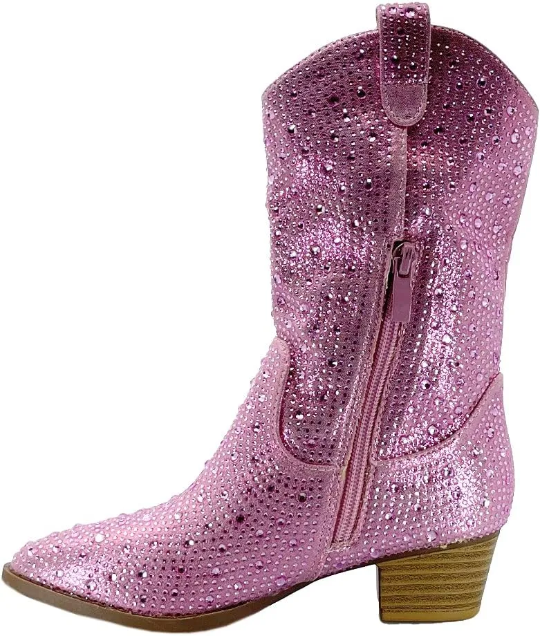 ABSOLEX Girls' Western Cowgirl Cowboy Pointed Toe Rhinestone Low Heel Boots