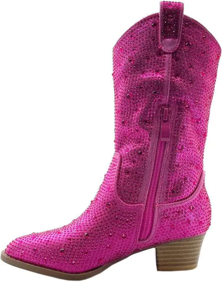 ABSOLEX Girls' Western Cowgirl Cowboy Pointed Toe Rhinestone Low Heel Boots