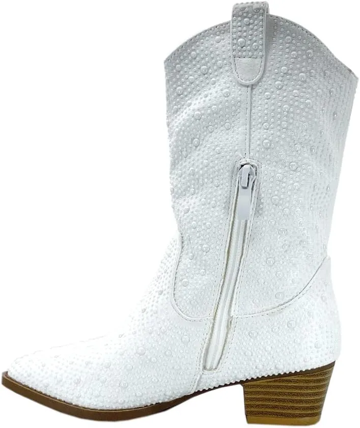 ABSOLEX Girls' Western Cowgirl Cowboy Pointed Toe Rhinestone Low Heel Boots