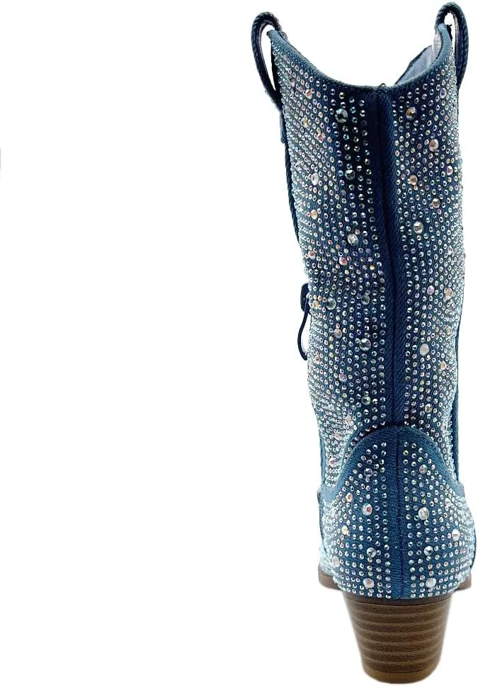 ABSOLEX Girls' Western Cowgirl Cowboy Pointed Toe Rhinestone Low Heel Boots