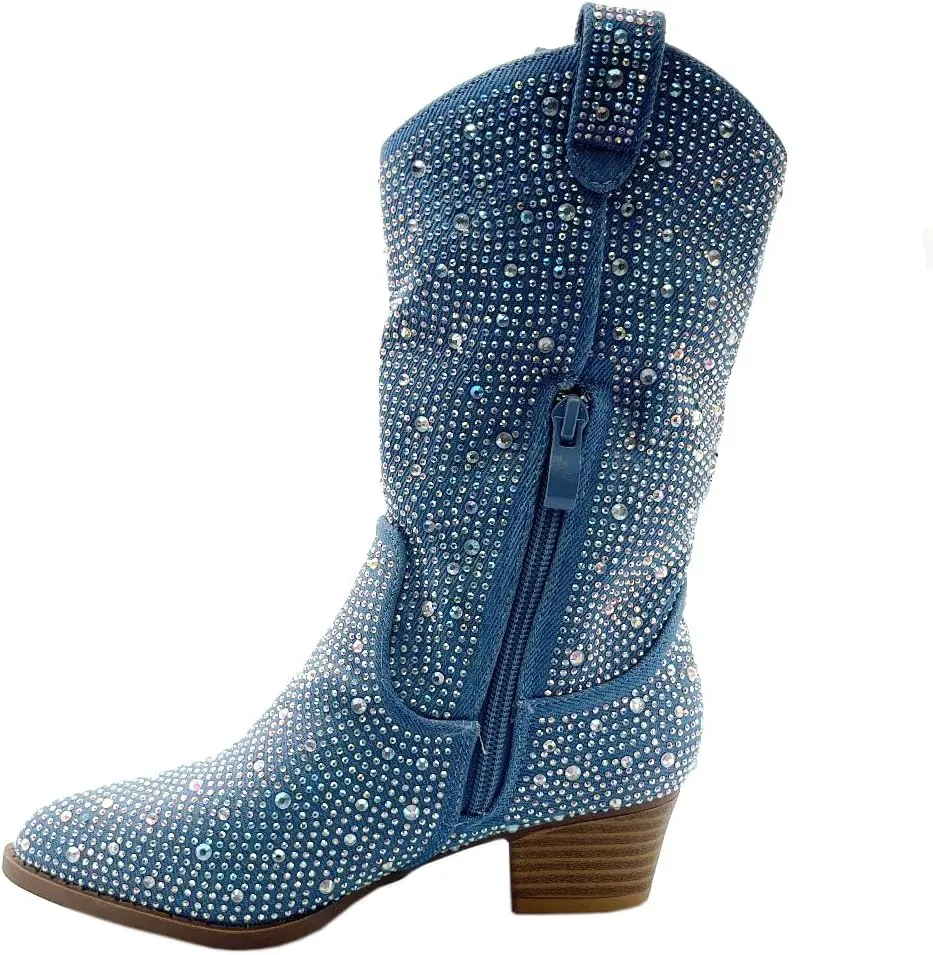 ABSOLEX Girls' Western Cowgirl Cowboy Pointed Toe Rhinestone Low Heel Boots