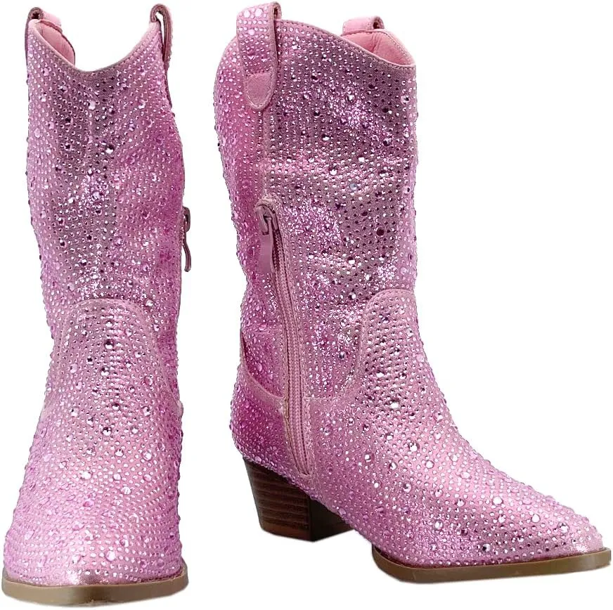 ABSOLEX Girls' Western Cowgirl Cowboy Pointed Toe Rhinestone Low Heel Boots