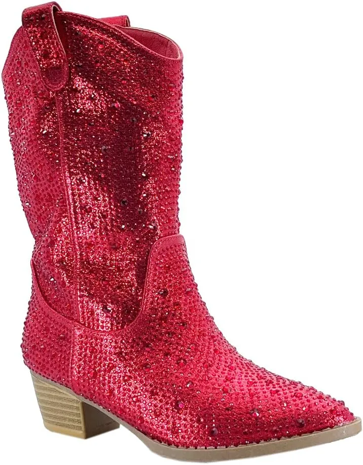 ABSOLEX Girls' Western Cowgirl Cowboy Pointed Toe Rhinestone Low Heel Boots