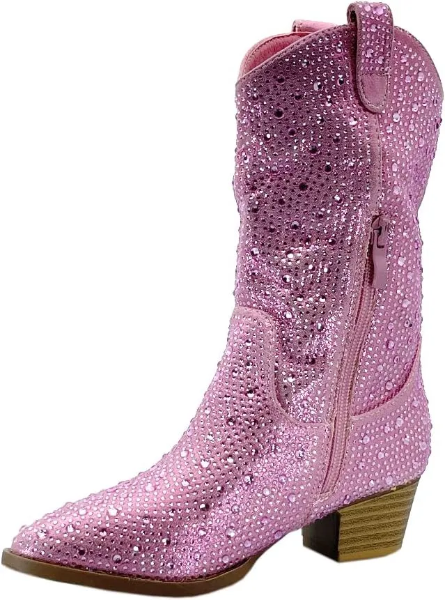 ABSOLEX Girls' Western Cowgirl Cowboy Pointed Toe Rhinestone Low Heel Boots