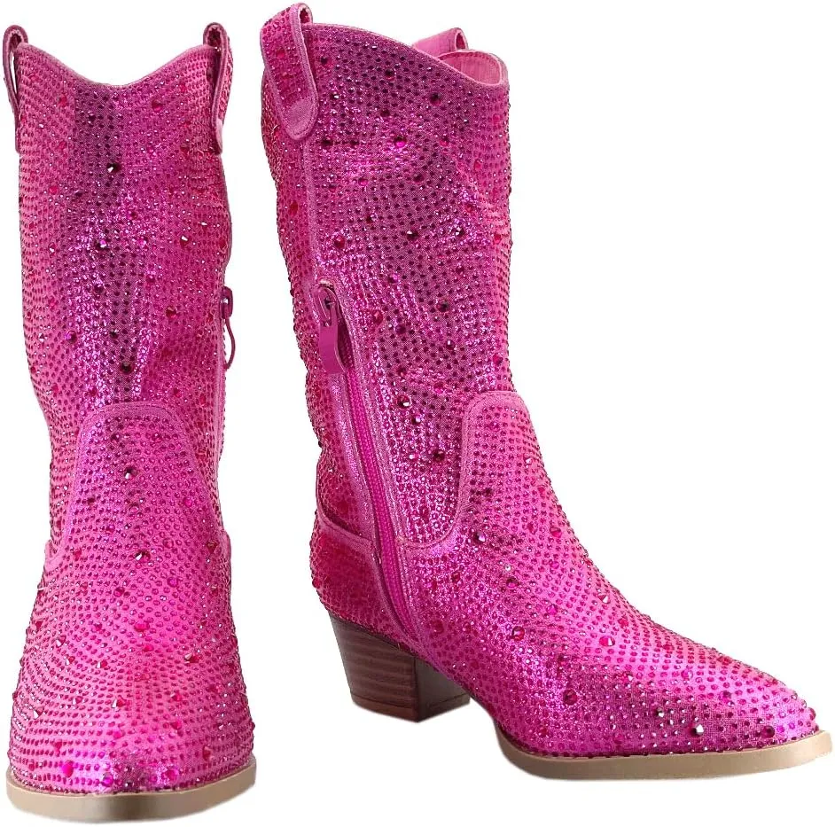 ABSOLEX Girls' Western Cowgirl Cowboy Pointed Toe Rhinestone Low Heel Boots