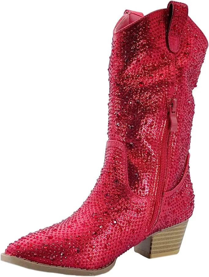 ABSOLEX Girls' Western Cowgirl Cowboy Pointed Toe Rhinestone Low Heel Boots