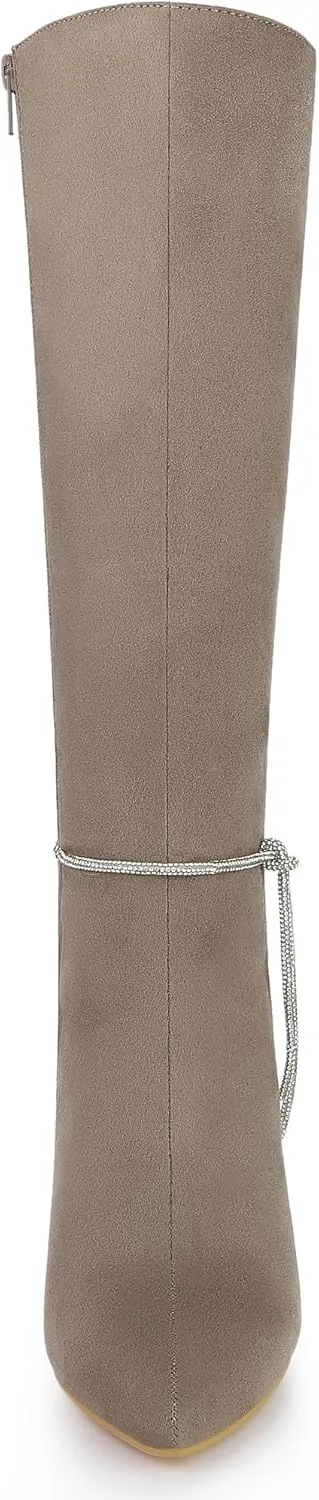Allegra K Women's Rhinestone Crystal Chain Pointed Toe Stiletto Heels Knee High Boots