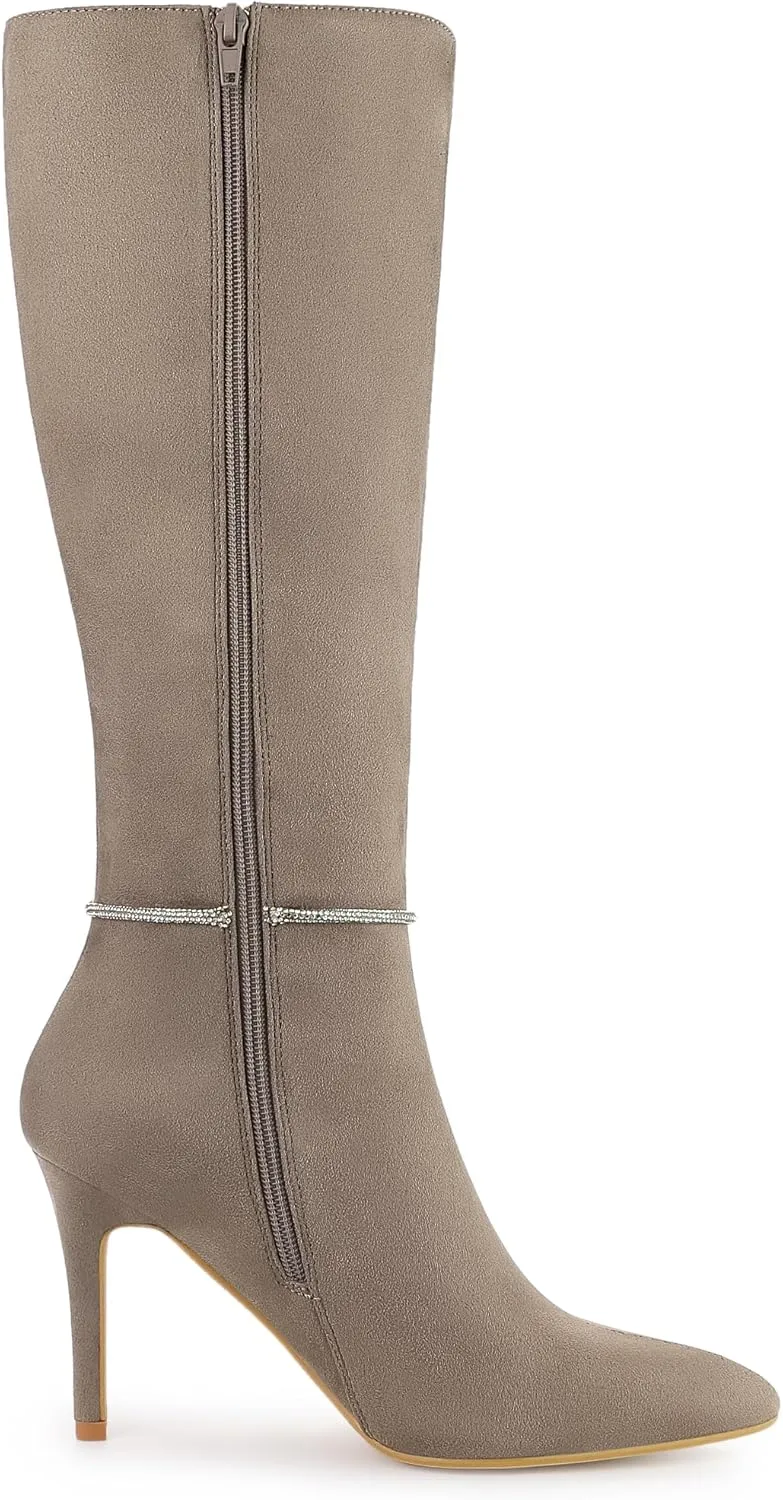 Allegra K Women's Rhinestone Crystal Chain Pointed Toe Stiletto Heels Knee High Boots
