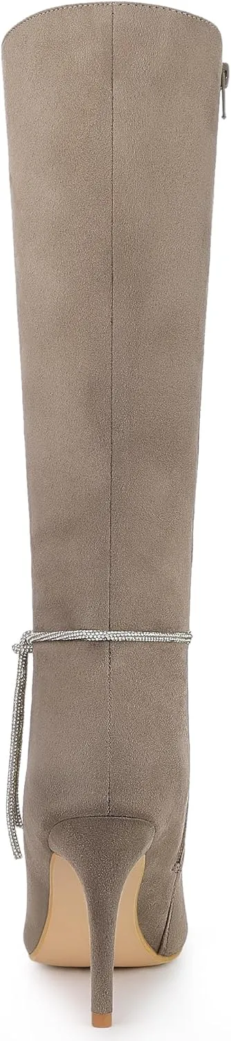 Allegra K Women's Rhinestone Crystal Chain Pointed Toe Stiletto Heels Knee High Boots