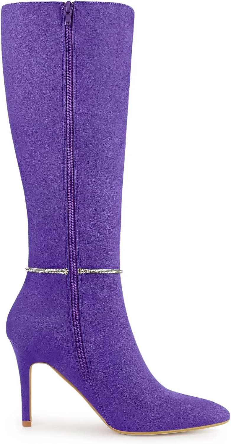 Allegra K Women's Rhinestone Crystal Chain Pointed Toe Stiletto Heels Knee High Boots