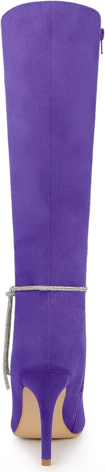 Allegra K Women's Rhinestone Crystal Chain Pointed Toe Stiletto Heels Knee High Boots