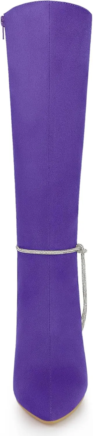 Allegra K Women's Rhinestone Crystal Chain Pointed Toe Stiletto Heels Knee High Boots