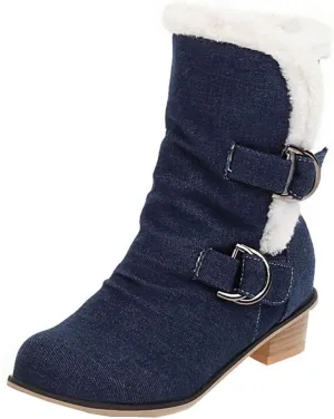 Alsoloveu Women Slouchy Chunky Heel Ankle Boot Fur Lined Low Heel Denim Booties Closed Toe
