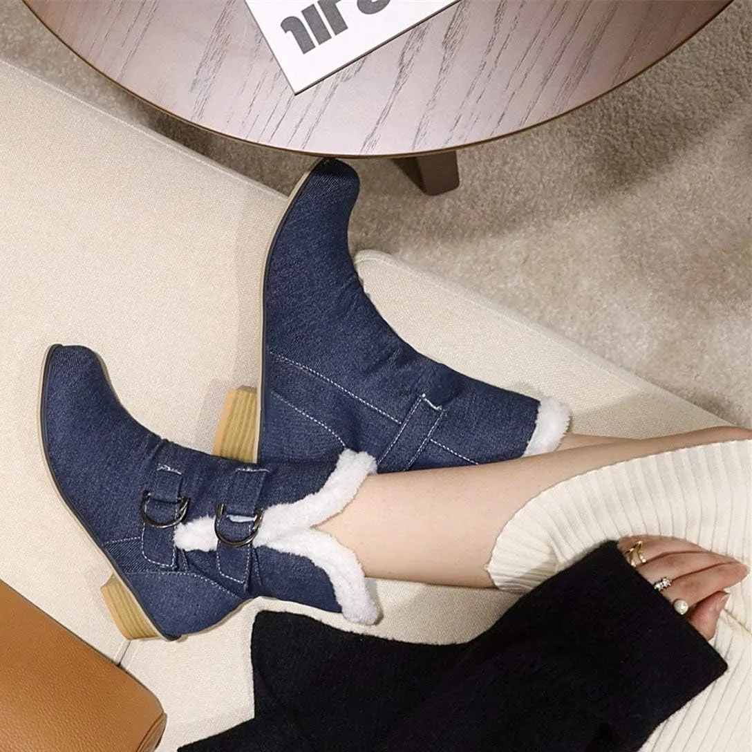 Alsoloveu Women Slouchy Chunky Heel Ankle Boot Fur Lined Low Heel Denim Booties Closed Toe