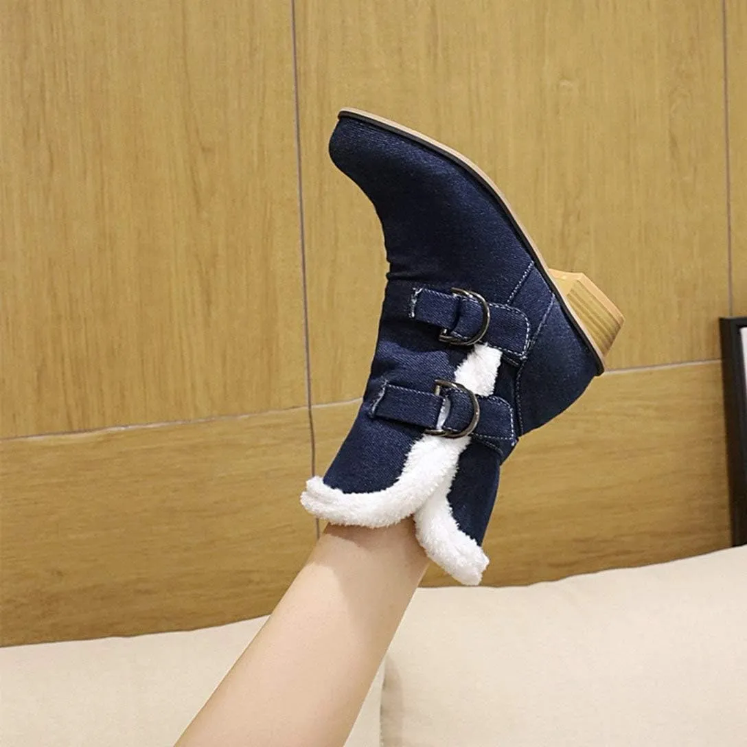 Alsoloveu Women Slouchy Chunky Heel Ankle Boot Fur Lined Low Heel Denim Booties Closed Toe