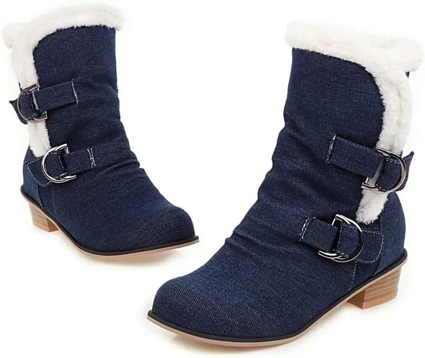 Alsoloveu Women Slouchy Chunky Heel Ankle Boot Fur Lined Low Heel Denim Booties Closed Toe