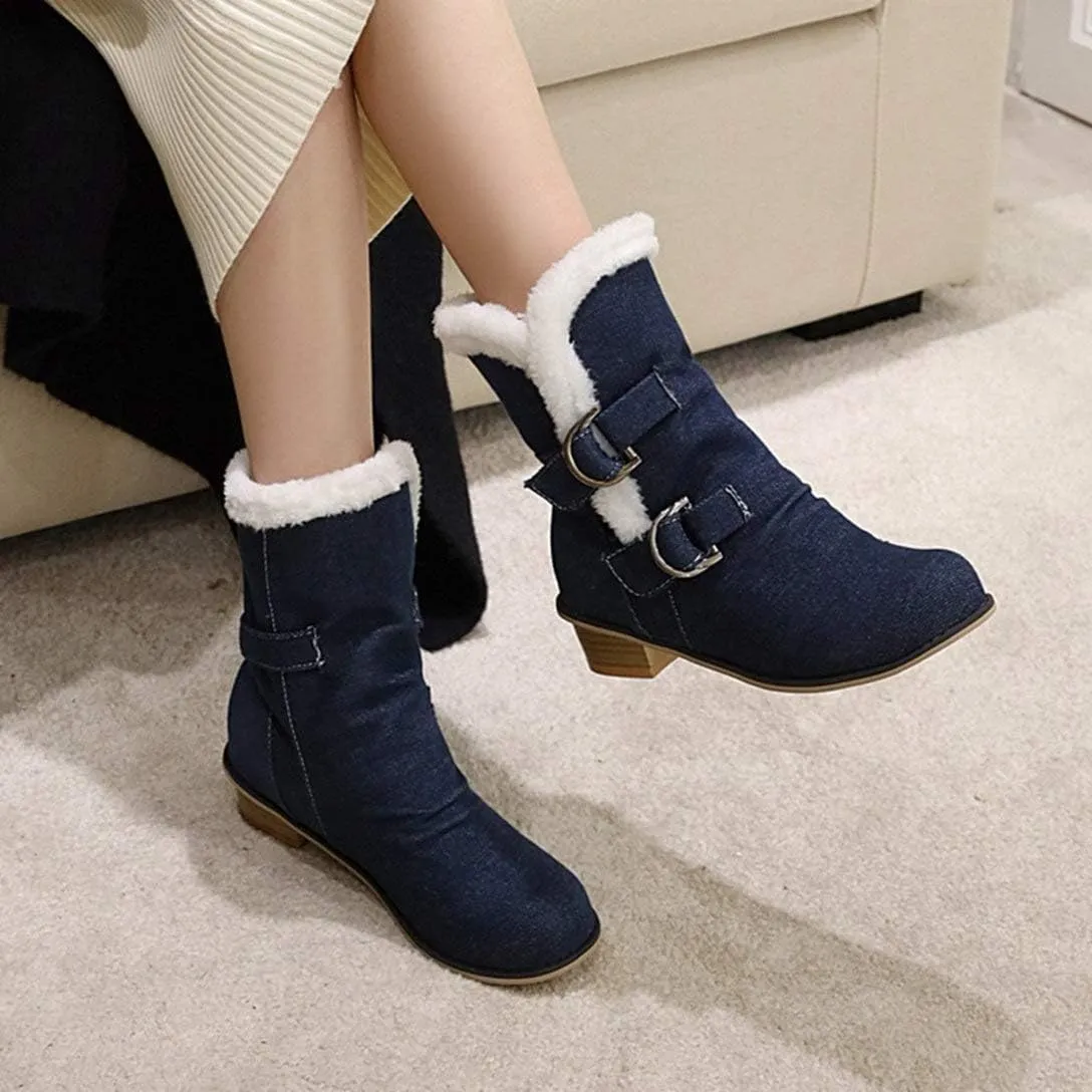 Alsoloveu Women Slouchy Chunky Heel Ankle Boot Fur Lined Low Heel Denim Booties Closed Toe