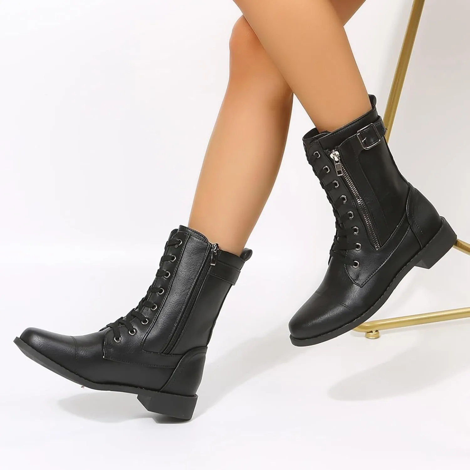 AMDBEL Mid Calf Boots for Women Low Heel Fall Boots for Women 2024 Winter Lace Up Zipper Ankle Boots Leather Booties Shoes
