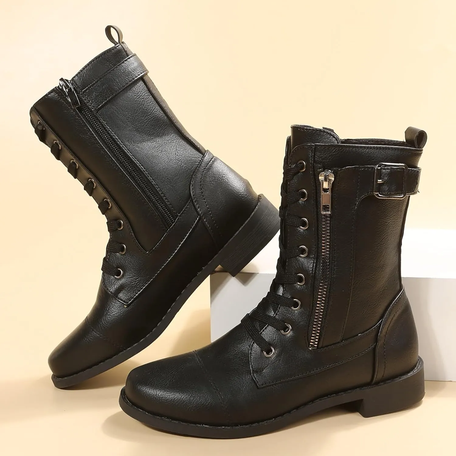 AMDBEL Mid Calf Boots for Women Low Heel Fall Boots for Women 2024 Winter Lace Up Zipper Ankle Boots Leather Booties Shoes