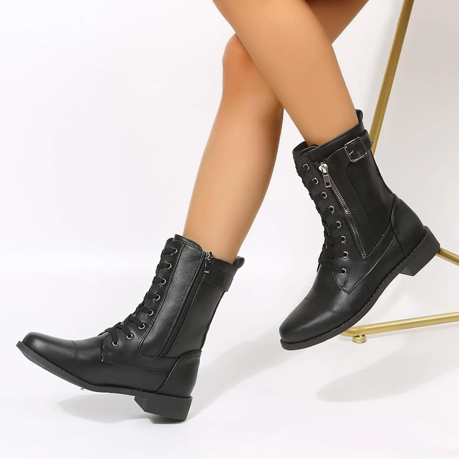 AMDBEL Mid Calf Boots for Women Low Heel Fall Boots for Women 2024 Winter Lace Up Zipper Ankle Boots Leather Booties Shoes