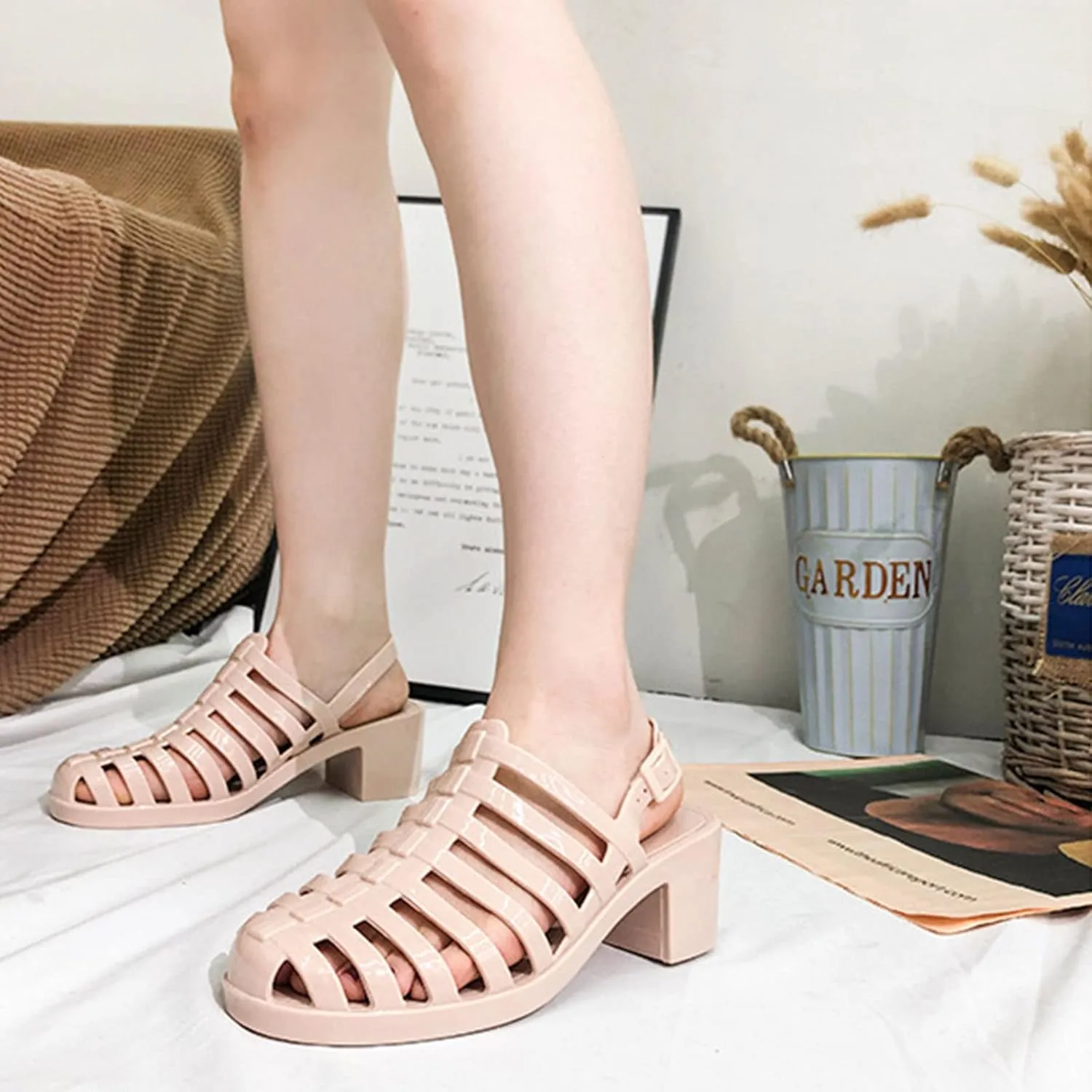 AngryMonkey Women's Crystal Jelly High Heel Sandals,Summer New Baotou Slingback Ankle Strap Sheer Fisherman Beach Shoes
