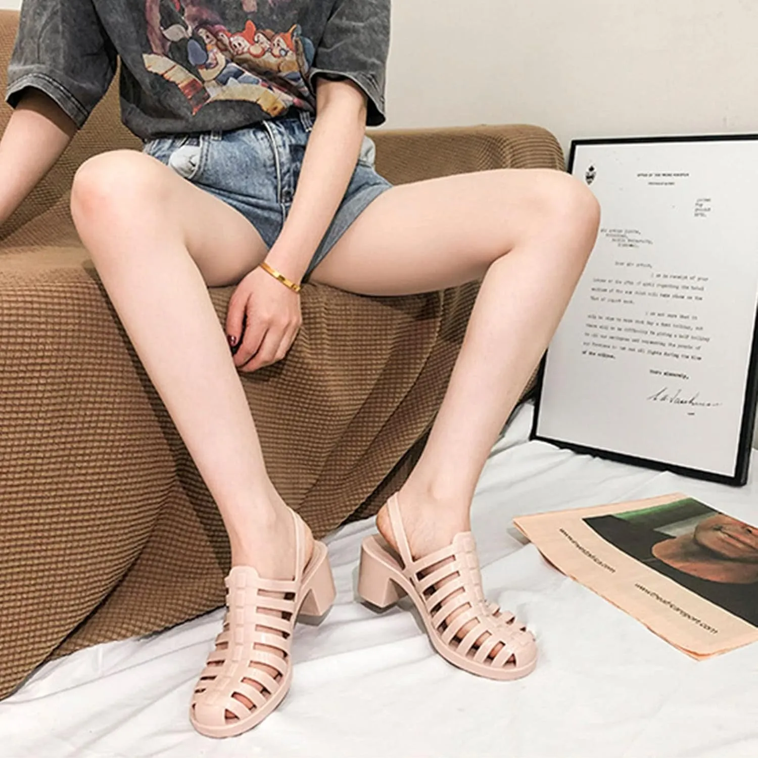 AngryMonkey Women's Crystal Jelly High Heel Sandals,Summer New Baotou Slingback Ankle Strap Sheer Fisherman Beach Shoes