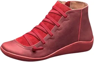 Ankle Boots for Women No Heel,Women's Arch Support Fashion Lace up Side Zip Vintage Booties Flat Heel